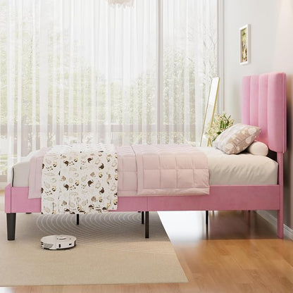 VECELO Twin Size Bed Frame with Upholstered Headboard, Heavy-Duty Bedframe with Wooden Slats & Steel Framework, Easy Assembly, Velvet & Pink