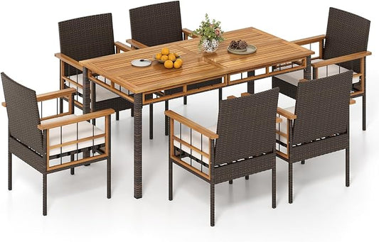 Tangkula 7 Pieces Wicker Patio Dining Set, Outdoor Acacia Wood Rectangular Table with 1.97” Umbrella Hole and Cushioned Chairs, Outside Conversation Furniture Set for Deck, Garden and Backyard