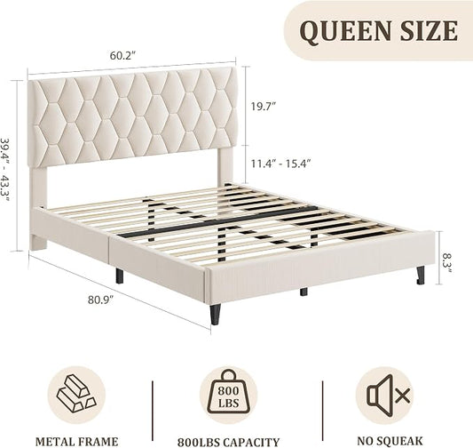 GarveeHome Queen Size Platform Bed Frame with Upholstered Headboard and Wooden Slats Support, Upholstered Mattress Foundation/No Box Spring Needed/Easy Assembly, Beige