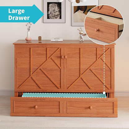 CECER Cherry Murphy Bed Cabinet with Mattress, Space-Saving Folding Bed