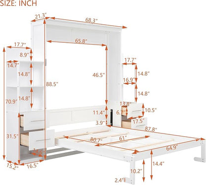 Queen Murphy Bed Cabinet, Space Saving Wall Bed with Storage and Lights | Flexible slats support an 8-inch mattress, while 2 four-layer shelves and 4 drawers help keep essentials organized