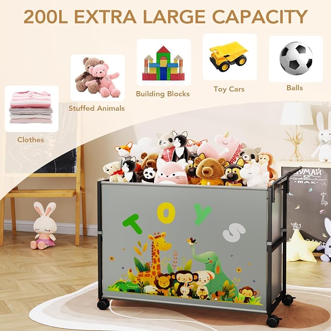 BBLIKE Toy Box for Kids - 200L Extra Large Toy Chest Storage with Wheels for Boys and Girls, Toy Organizer Bin for Stuffed Animals, Toy Basket for Bedroom, Nursery, Living Room, Playroom, Gray