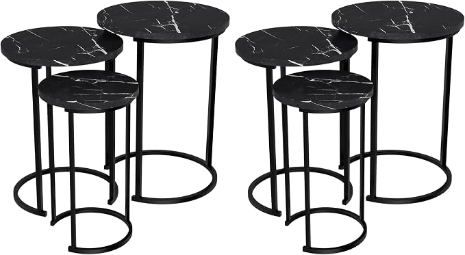 Lavish Home Nesting Tables - Set of 6 Modern Round Side Tables with Faux Marble Tops - Space Saving Accent Table Set for Living Room, Bedroom, or Home Office (Black)