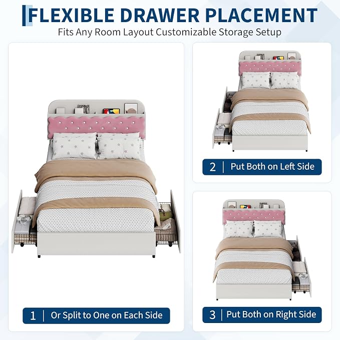 Garvee Girls Full Size Bed, Sandwich Cookie Style Princess Bed Frame, Beige Pink Upholstered with Storage Headboard & 2 Drawers, No Box Spring Needed
