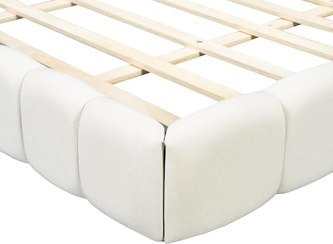 King Size Upholstered Platform Bed with Thick Fabric,Low Wood Grounded Bed W/Headboard & Footboard,Slat Support,No Box Spring Needed, Easy Assemble,Beige