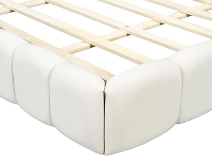 King Size Upholstered Platform Bed with Thick Fabric,Low Wood Grounded Bed W/Headboard & Footboard,Slat Support,No Box Spring Needed, Easy Assemble,Beige
