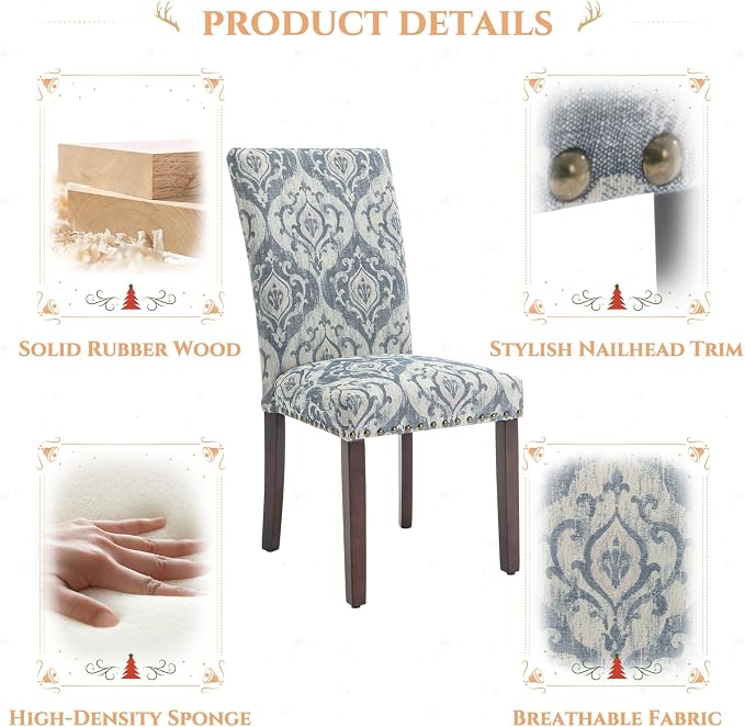 Parsons Dining Chairs Set of 6, Upholstered Nailhead Dining Room Kitchen Side Chair with Thick Cushions and Wood Legs, White/Blue