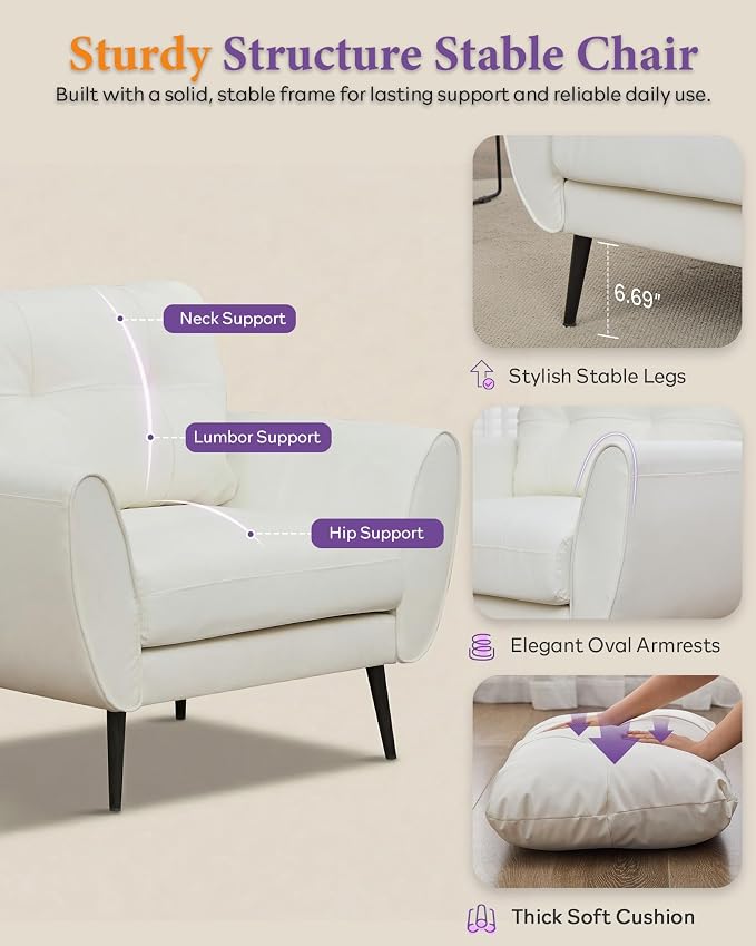 TYBOATLE Accent Chairs Set of 2, Comfy Modern Living Room Chair White Faux Leather Reading Accent Chairs Tufted Mid Century Arm Chair Small Salon Chairs for Office Bedroom (2, White)