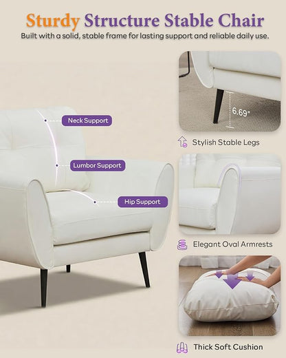 TYBOATLE Accent Chairs Set of 2, Comfy Modern Living Room Chair White Faux Leather Reading Accent Chairs Tufted Mid Century Arm Chair Small Salon Chairs for Office Bedroom (2, White)
