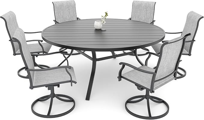58"x 58"x 28" Patio Table and Chairs Set,6-Pieces Outdoor Swivel Dinging Chairs,Black Round Metal Table with Umbrella Hole,Outside Furniture Set for Patio,Deck,Porch,Backyard