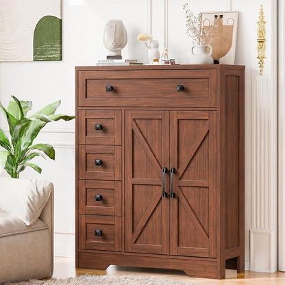 Vabches Farmhouse Storage Cabinet with 2 Doors and 5 Drawers, Freestanding Bathroom Cabinets Kitchen Pantry, Floor Storage Cabinet Hutch Cupboard for Living Room/Bathroom/Kitchen. Walnut