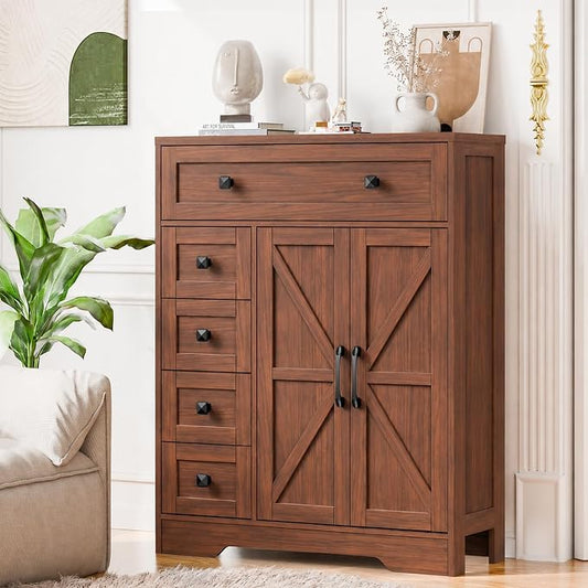 Vabches Farmhouse Storage Cabinet with 2 Doors and 5 Drawers, Freestanding Bathroom Cabinets Kitchen Pantry, Floor Storage Cabinet Hutch Cupboard for Living Room/Bathroom/Kitchen. Walnut
