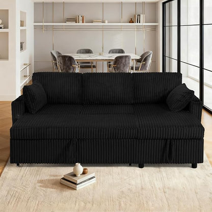 84" Corduroy Upholstered Sofa Bed w/Adjustable Backrests, Convertible Pull Out Sofa Bed w/USB Ports, L-Shape Sectional Sleeper Couch w/Cup Holder for Living Room,Apartment, Black