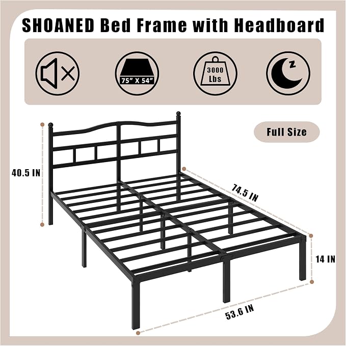 SHOANED 14 Inch Metal Bed Frame - Full Size Heavy Duty Bedframe with Headboard Black Basic Steel Slats Platform No Box Spring Needed/Easy Assembly/Noise Free