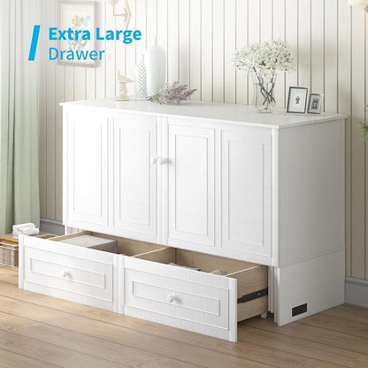 Mjkone Queen Size Murphy Bed Cabinet with Tri-Folding Mattress Included, Chest Cabinets Bed with USB Charging Station, Wall Beds with Storage Drawers for Guest Bedroom Apartment Office, White