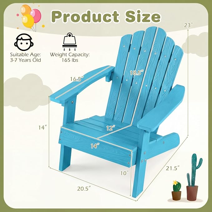Giantex Kids Adirondack Chair, All-Weather HIPS Children's Outdoor Chair with Tilted High Backrest, Toddler Beach Chair for Garden Patio Backyard, Kids Lawn Chairs for Age 3-7 (4,Turquoise)