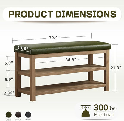 Zihanhome Shoe Rack Bench with Leather Cushion, 2 Tier Solid Wood Storage Bench, Mid-Century Modern Shoe Bench for Entryway, Hallway, Closet, Front Door Entrance, Foyer (Green, 39.4")
