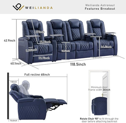 Weilianda Home Theater Seating Top Grain Leather Zero Gravity Recliner Chair Power Headrest Recline Movie Seat Gaming 7 Colors Mood Light Sofa with Tray Table USB Charge Row of 4 Loveseat Middle Blue