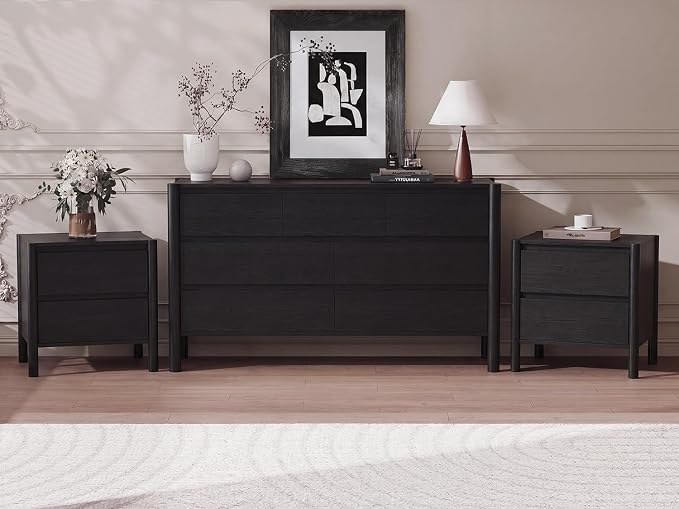 CHUWELL 3-Piece Bedroom Dresser Set-7 Drawer Dresser & 2 Nightstands,51" Wide Black Dresser and Night Stands Set with Solid Wood Cylindrical Legs