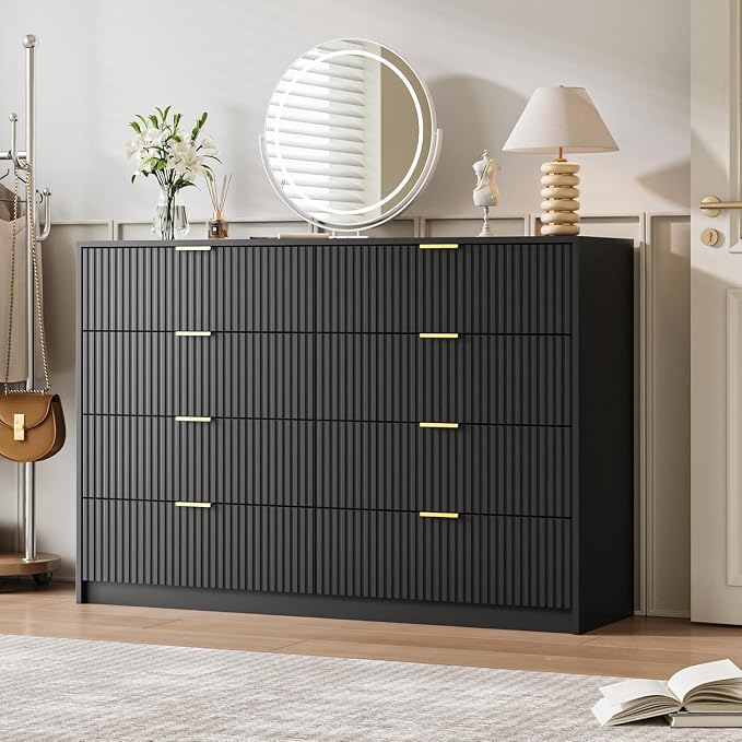 MAISONARIA 3-Piece Dresser Bedroom Set, 8 Drawer Dresser & 3 Drawer Nightstands with Gold Handles, Fluted Wood Chest of Drawers for Bedroom, Living Room, Entryway, Black