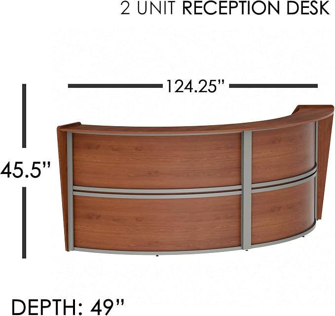 Linea Italia Curved Modern Office Desk Easy to Assembly 2 Panel Reception Counter for Lobby, Salon, 124" x 49", Cherry