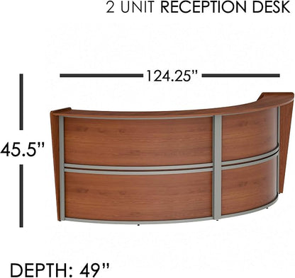 Linea Italia Curved Modern Office Desk Easy to Assembly 2 Panel Reception Counter for Lobby, Salon, 124" x 49", Cherry