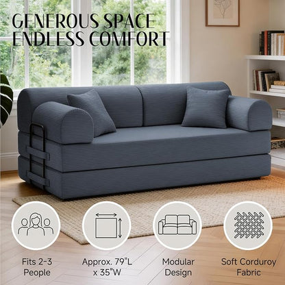 79'' Convertible Sofa Bed, 6 in 1 Folding Floor Futon Couch Sleeper with Fixed Frame, Corduroy Modular Sofa Bed with Removable Armrests & Pillows, No Assembly for Living Room Bedroom (Dark Gray)