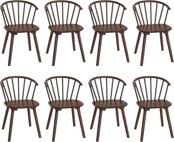 LUE BONA Walnut Dining Chairs Set of 8, Farmhouse Wood Dining Chairs with Semicircular Backrest, Spindle Dining Chair for Kitchen and Dining Room, 18 Inch
