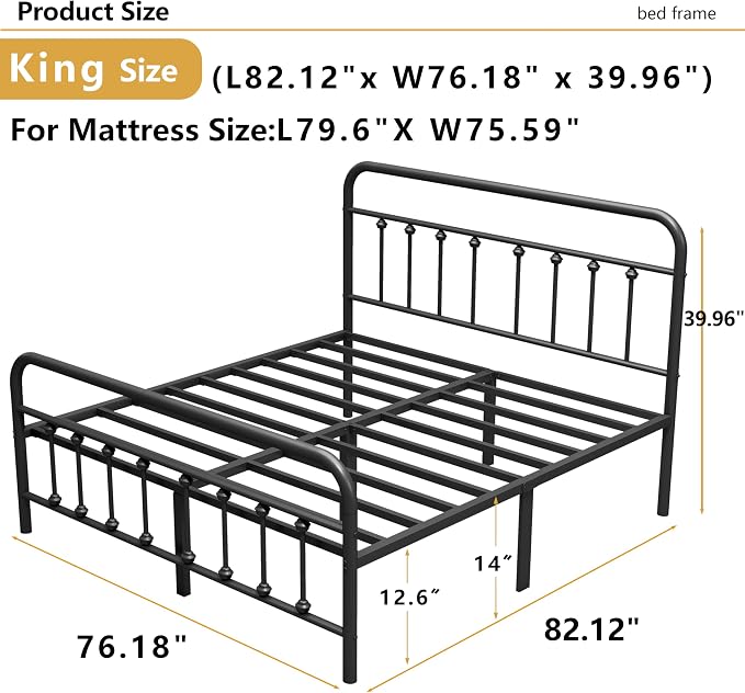 Vengarus King Metal Bed Frame with Victorian Headboard & Footboard, Black | 14" King Metal Platform Frame, Heavy Duty Steel Slat Support, Noise Free, No Box Spring Needed, Easy Disassembly & Transport
