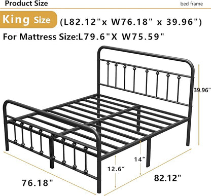 Vengarus King Metal Bed Frame with Victorian Headboard & Footboard, Black | 14" King Metal Platform Frame, Heavy Duty Steel Slat Support, Noise Free, No Box Spring Needed, Easy Disassembly & Transport