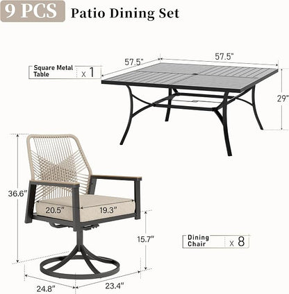 Patio Dining Set 9 Piece, 8 x Woven Rattan Swivel Chairs with Waterproof Cushion, 57.5" Square Metal Dining Table with Umbrella Hole, Outdoor Table and Chairs Set for Backyard Lawn and Deck, Beige