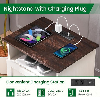 20-Inch Wide Modern Nightstand with Charging Station & Outlets, Bedside Table with 2 Drawers and Open Shelf, Sleek Design End Table for Bedroom and Office, White (Single Piece)
