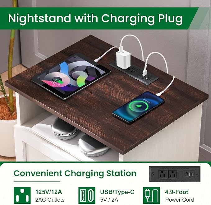 20-Inch Wide Modern Nightstands Set of 2 with Charging Station & Outlets, Bedside Tables with 2 Drawers and Open Shelf, Sleek Design End Tables for Bedroom and Office, White