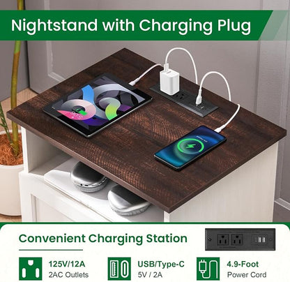 20-Inch Wide Modern Nightstands Set of 2 with Charging Station & Outlets, Bedside Tables with 2 Drawers and Open Shelf, Sleek Design End Tables for Bedroom and Office, White