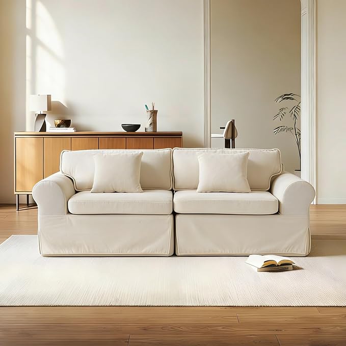 Mistpeople Modern Loveseat Sofa Couch, Upholstered Comfy Sofa with Pillows & Armrests, Deep Seating Couch with Removable Cover for Living Room Bedroom Apartment Office Small Spaces, Beige 3 Seats