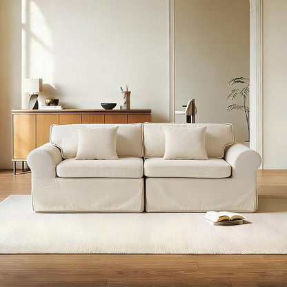 Mistpeople Modern Loveseat Sofa Couch, Upholstered Comfy Sofa with Pillows & Armrests, Deep Seating Couch with Removable Cover for Living Room Bedroom Apartment Office Small Spaces, Beige 3 Seats