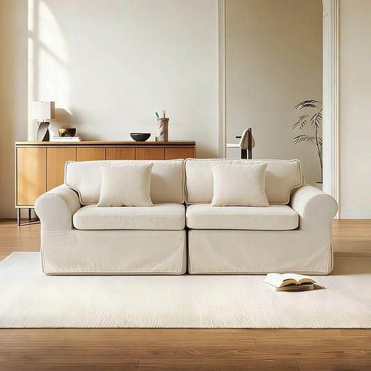 Mistpeople Modern Loveseat Sofa Couch, Upholstered Comfy Sofa with Pillows & Armrests, Deep Seating Couch with Removable Cover for Living Room Bedroom Apartment Office Small Spaces, Beige 3 Seats