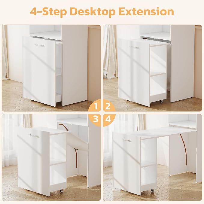 Zevemomo Folding Desk with Storage, Convertible Table with Shelves & Wheels, Craft Cabinet with Fold Out Table, Compact Computer Desk for Small Space, Reversible L Shaped Desk - White