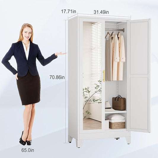 71" Metal Armoire Wardrobe Closet, Steel Clothing Storage Cabinet with Mirror and Adjustable Shelves, Household Steel Wardrobes Storage Cabinet with Adjustable Standing Feet and Hanging Rod（White）