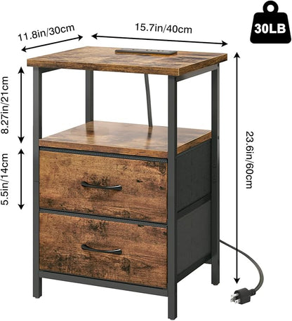 Fixwal Rustic Brown Night Stand with Charger Station, Nightstand with Charging Station & Fabric Drawers