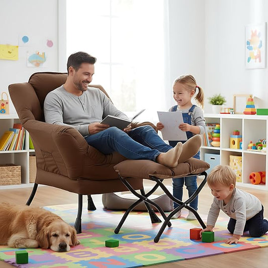 Welnow Lazy Chair with Ottoman, Modern Accent Armchair with Armrests and a Side Pocket, Leisure Sofa Armchair Set, Reading Chair with Footrest for Small Space, Dark Brown