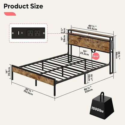 Bestier Queen Size Bed Frame with Headboard, Dual LED Platform Bed Frame with Charging Station, Non-Slip Metal Bed Frame, Noise-Free, Easy Assembly