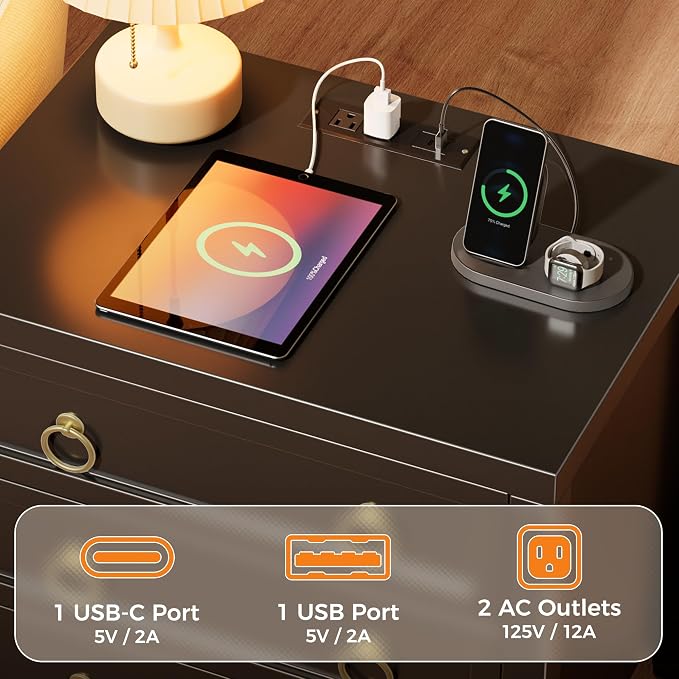Huuger 23.6 Inch Night Stand with Charger Station and USB-C Port, 3 Drawer Nightstands Set of 2, Larger Wider Bedside Table, Modern End Table, for Bedroom, Black Nightstand