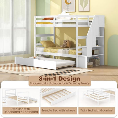 Giantex Bunk Bed Twin Over Twin with Trundle & Storage Stairs, Solid Wood Bunk Bed, Convertible to 2 Beds, Versatile Bunk Beds for Kids Teens Adults,White