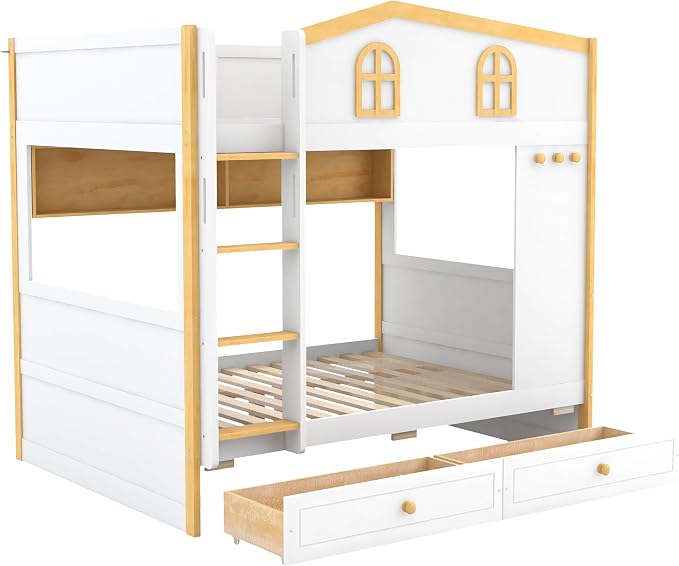 Merax Full Over Full Size House Bunk Bed with Storage Shelves & 2 Drawers, Solid Wood Space-Saving Loft Bed Frame with Safety Guardrails for Bedroom, White+Natural