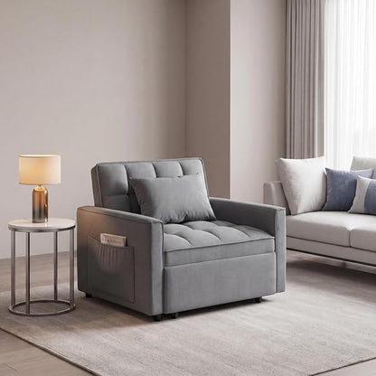 Sleeper Chair, Pull Out Chair Sleeper with Adjustable Back & Pocket, Convertible Chairs Bed Sleepers for Adults, 3 in 1 Sofa Bed Chairs for Small Spaces, Living Room, Gray