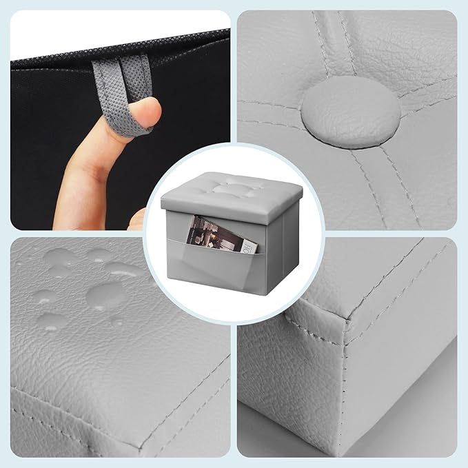 Bsketa Storage Ottoman Foot Rest Stool, Small Leather Storage Ottomans Bench, Folding Footstool with Side Pockets, Foot Rest Under Desk for Living Room Bedroom, 17x13x13 in, Grey