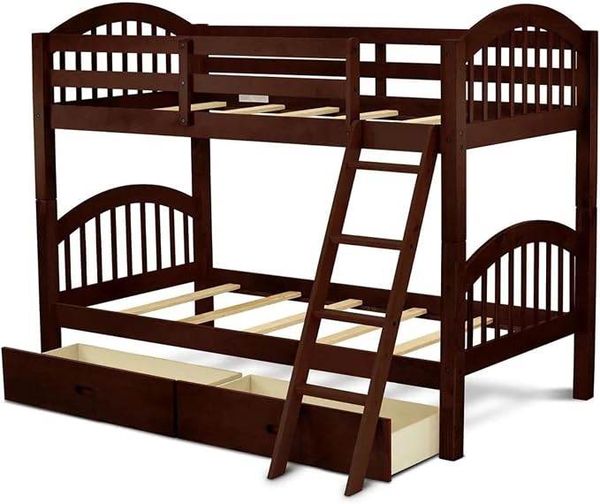 East West Furniture VEB-08-TA Hardwood Bunk Beds for Compact Spaces with Ladder and Two Drawers, Java Finish