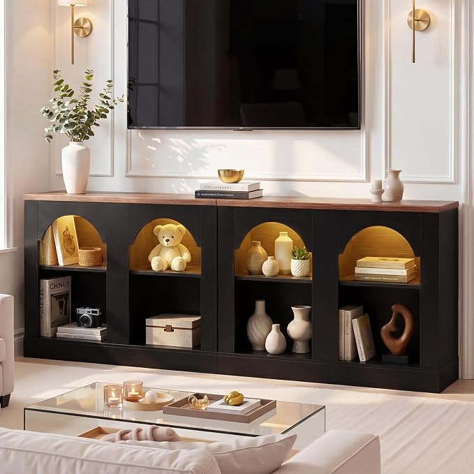 Unikito Arched Console Table with LED Lights, 94" Long Farmhouse Entryway Table with Adjustable Shelves, Sideboard Buffet Storage Cabinet for Entrance/Hallway/Living Room, Sofa Table Behind Couch