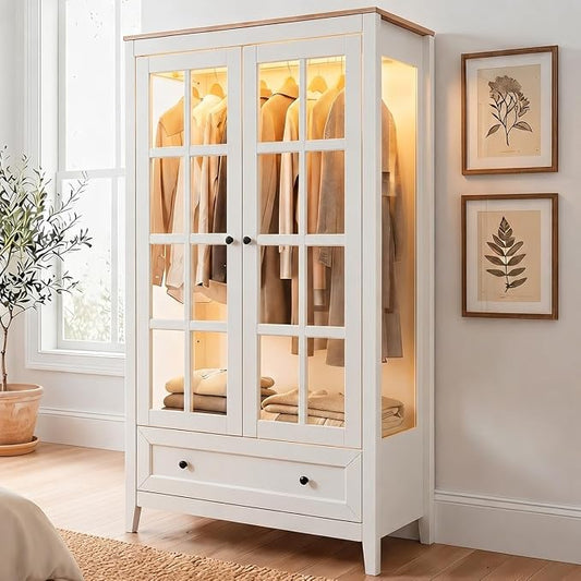 Loomie Armoire Wardrobe Closet with LED Lights, Bedroom Freestanding Armoire Display Cabinet with Glass Doors and Drawer, Large Clothing Storage Cabinets with Hanging Rod for Bedroom
